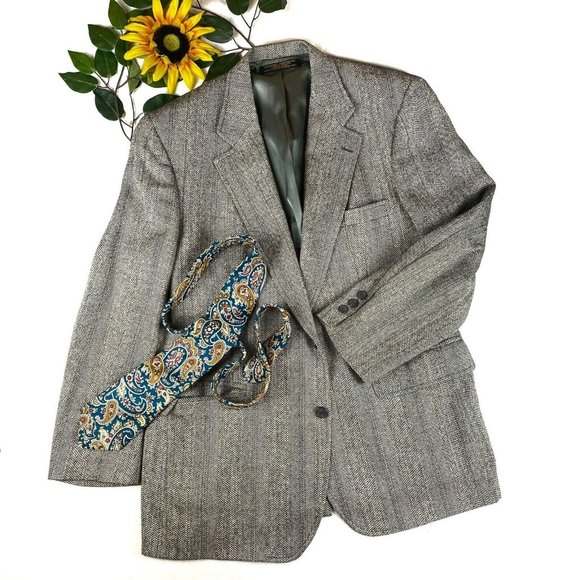 VTG Brooks Brothers Brooksgate Blazer Jacket Suit Coat Gray Herringbone USA 44R - Picture 1 of 12